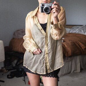 Sheer Vintage Caché 100% Silk Gold Trim Button-Up Blouse